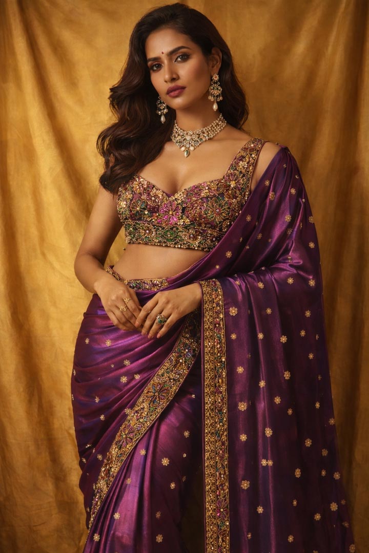 Plum Handcrafted Patchwork Saree with Metallic Mirror Work