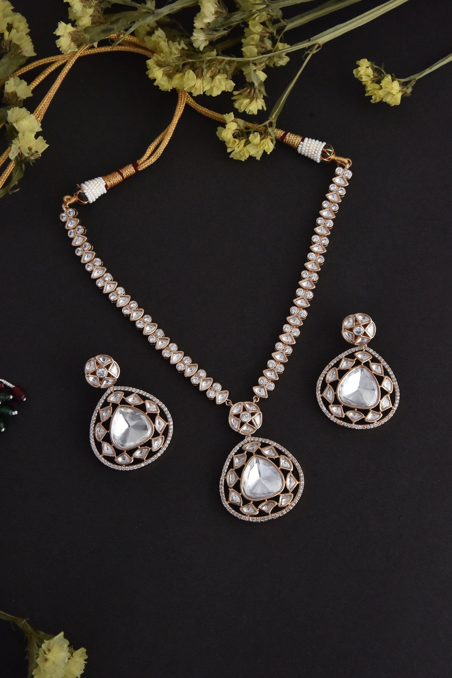 White Rose Gold Tone Polki Necklace Set