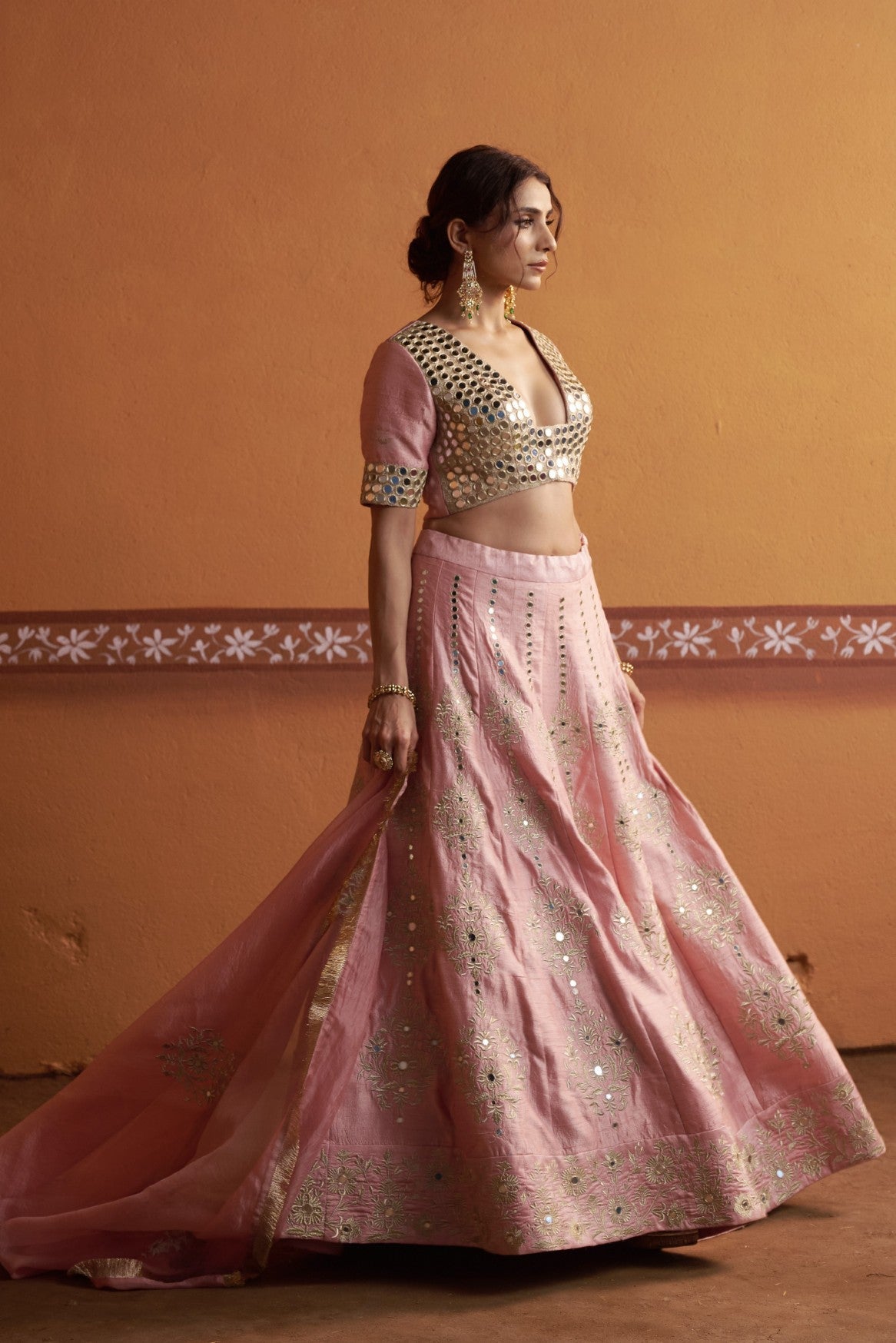 Kalidar blush pink hand embroidered lehenga with blouse and dupatta