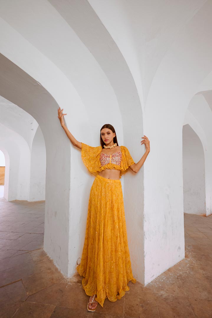 Image of Gulbahar Marigold yellow  jugnu sitara butterfly blouse with flair skirt set.