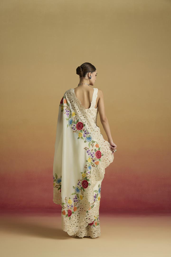 IVORY CUTWORK AND FLORAL THREADWORK SAREE