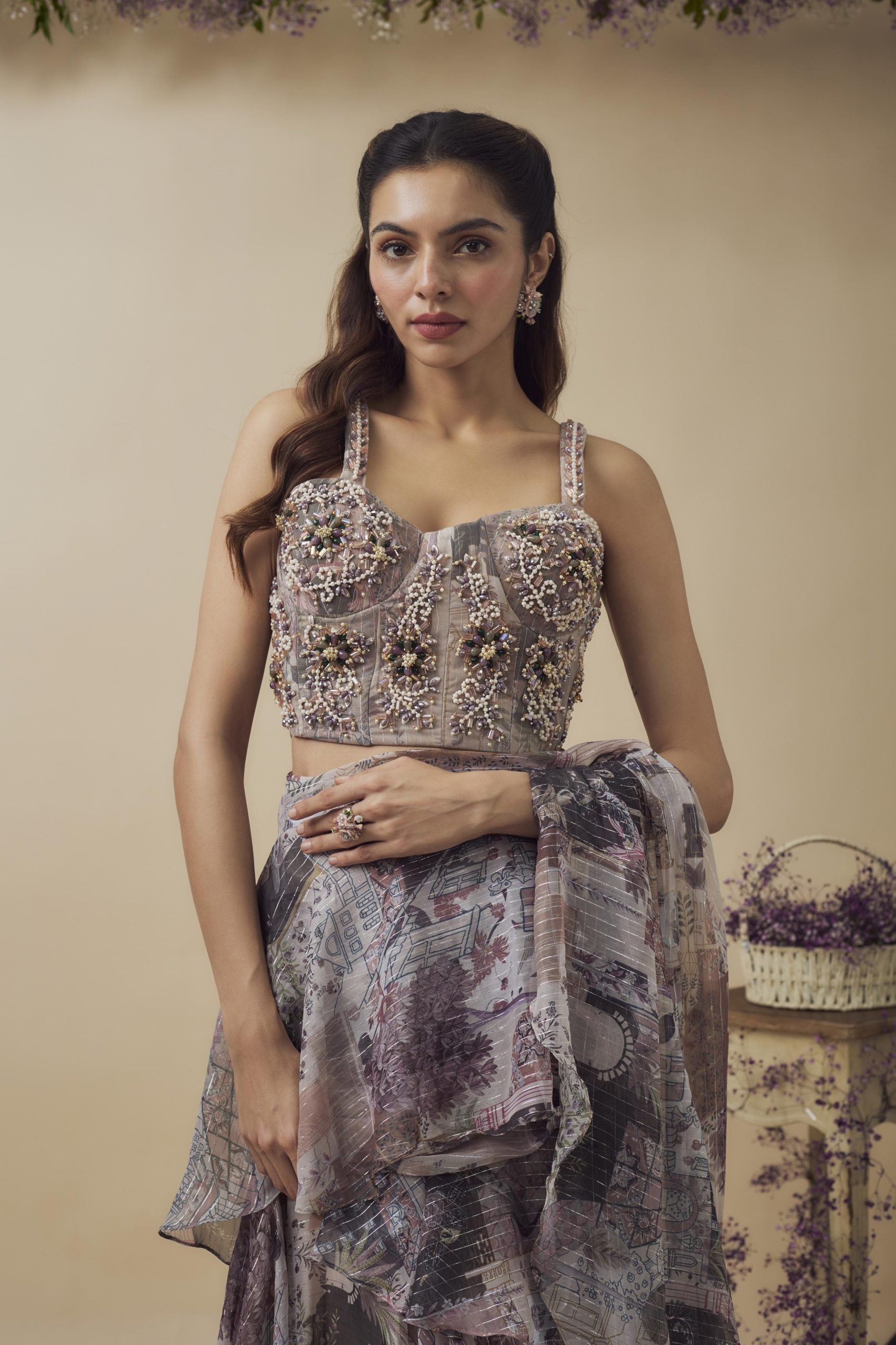 PRINTED HAND EMBROIDERED READY TO WEAR RUFFLE SAREE SET