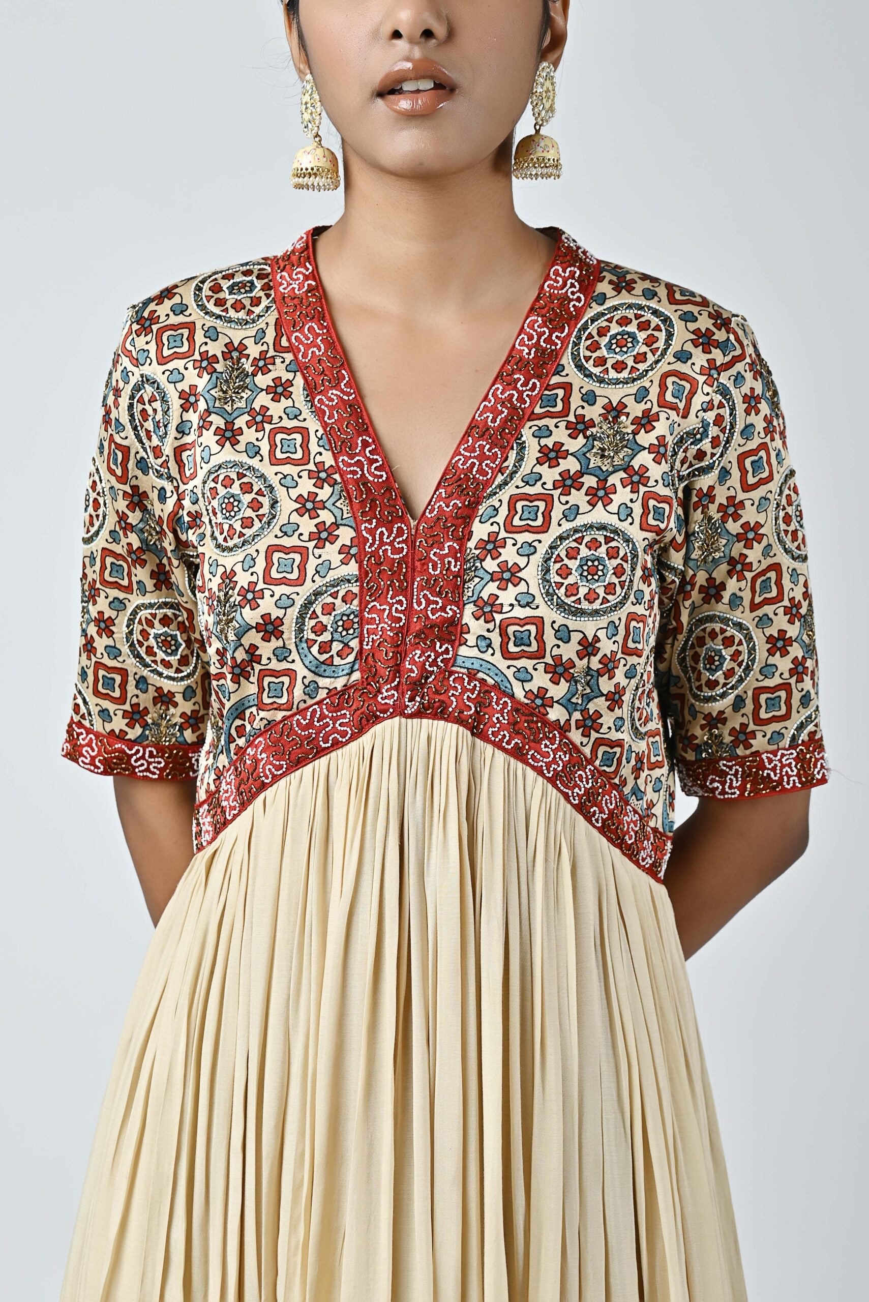 Ajrakh embellished v neck gathered dress