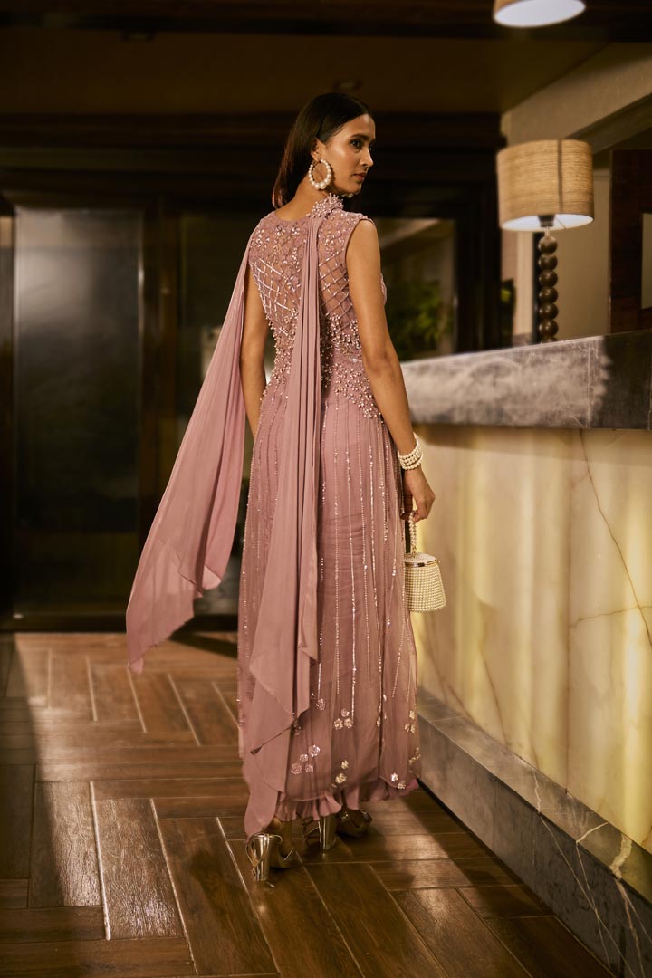 Lilac embellished cape with attached bralette and draped skirt