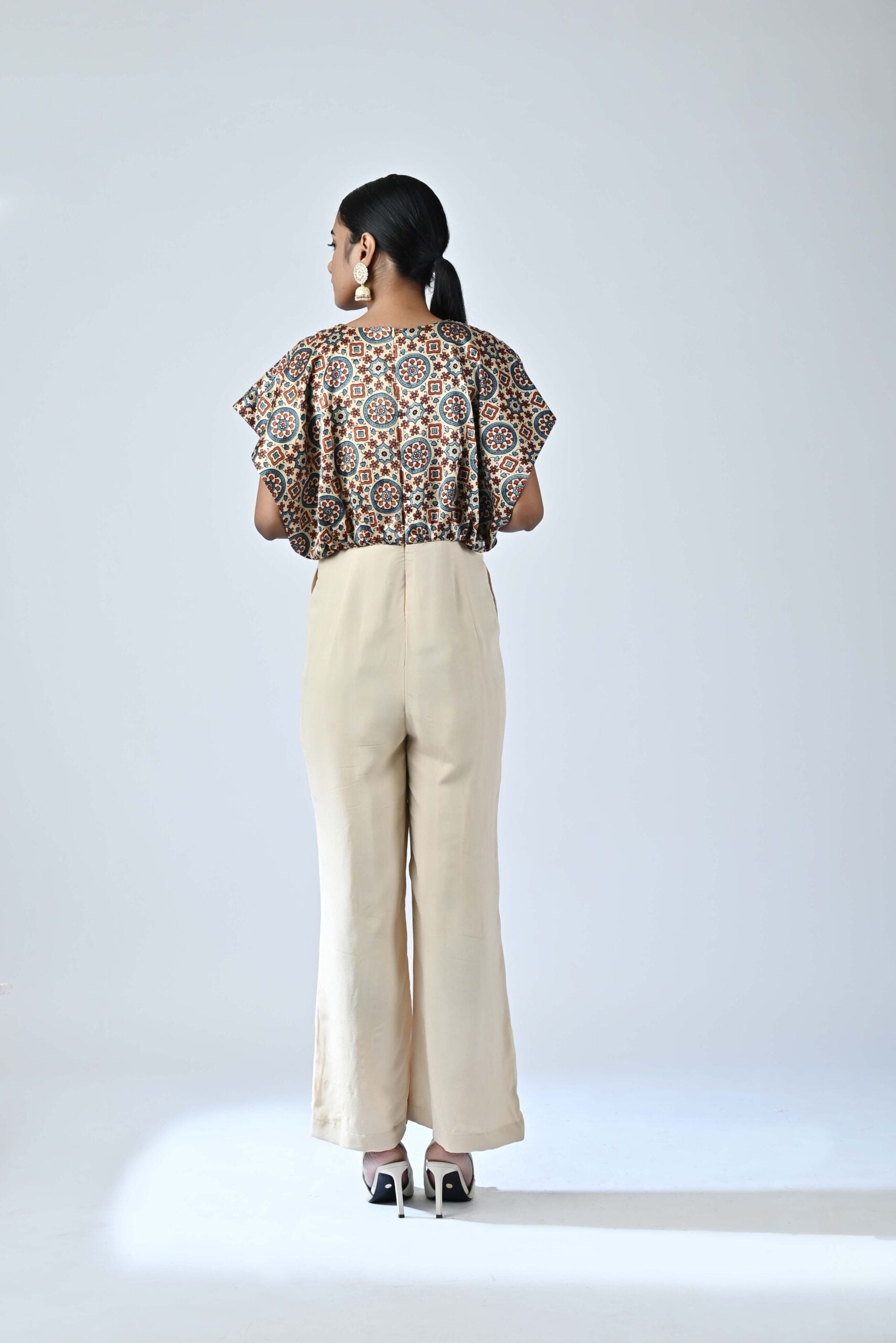 Beige embroidered ajrakh jumpsuit