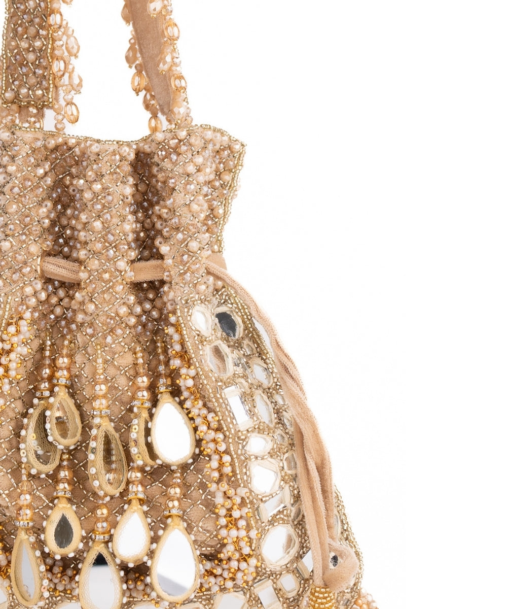 Tarah Gold Suede Mirror Embellished Potli