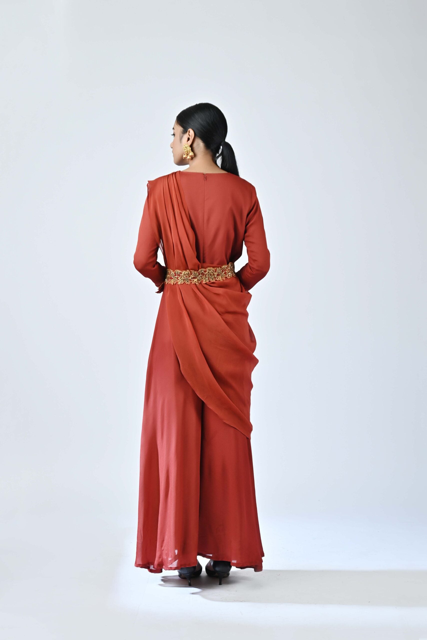 Red embroidered drape pallu jumpsuit