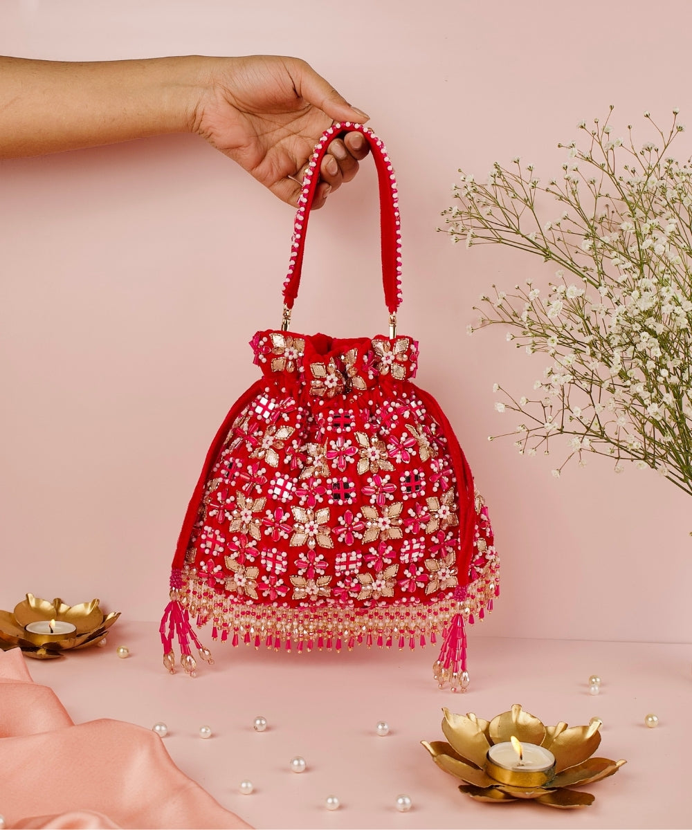 Rida Magenta Suede Gota Mirror Embellished Potli