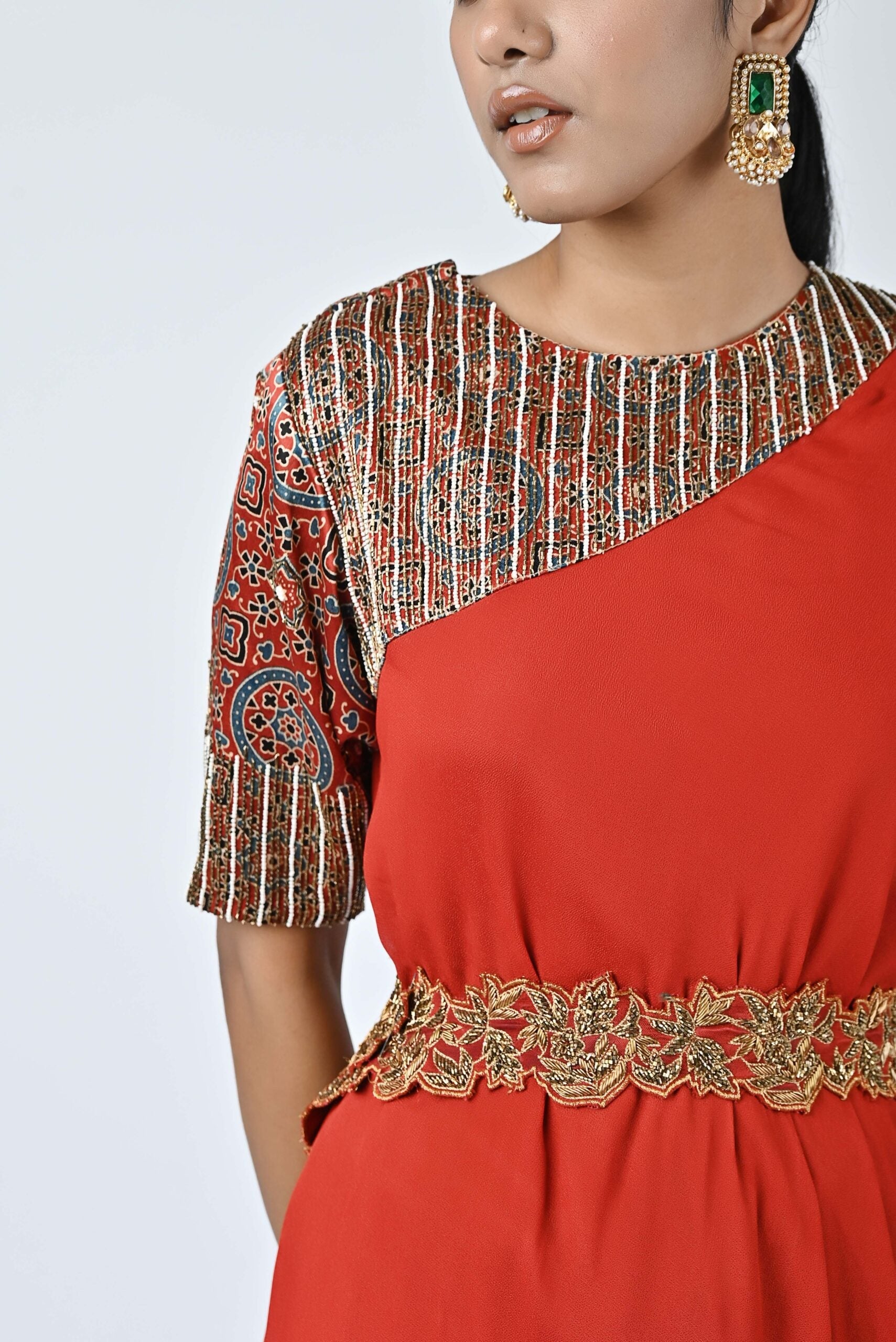 Red ajrakh embellished one sleeve laftan with flare pants