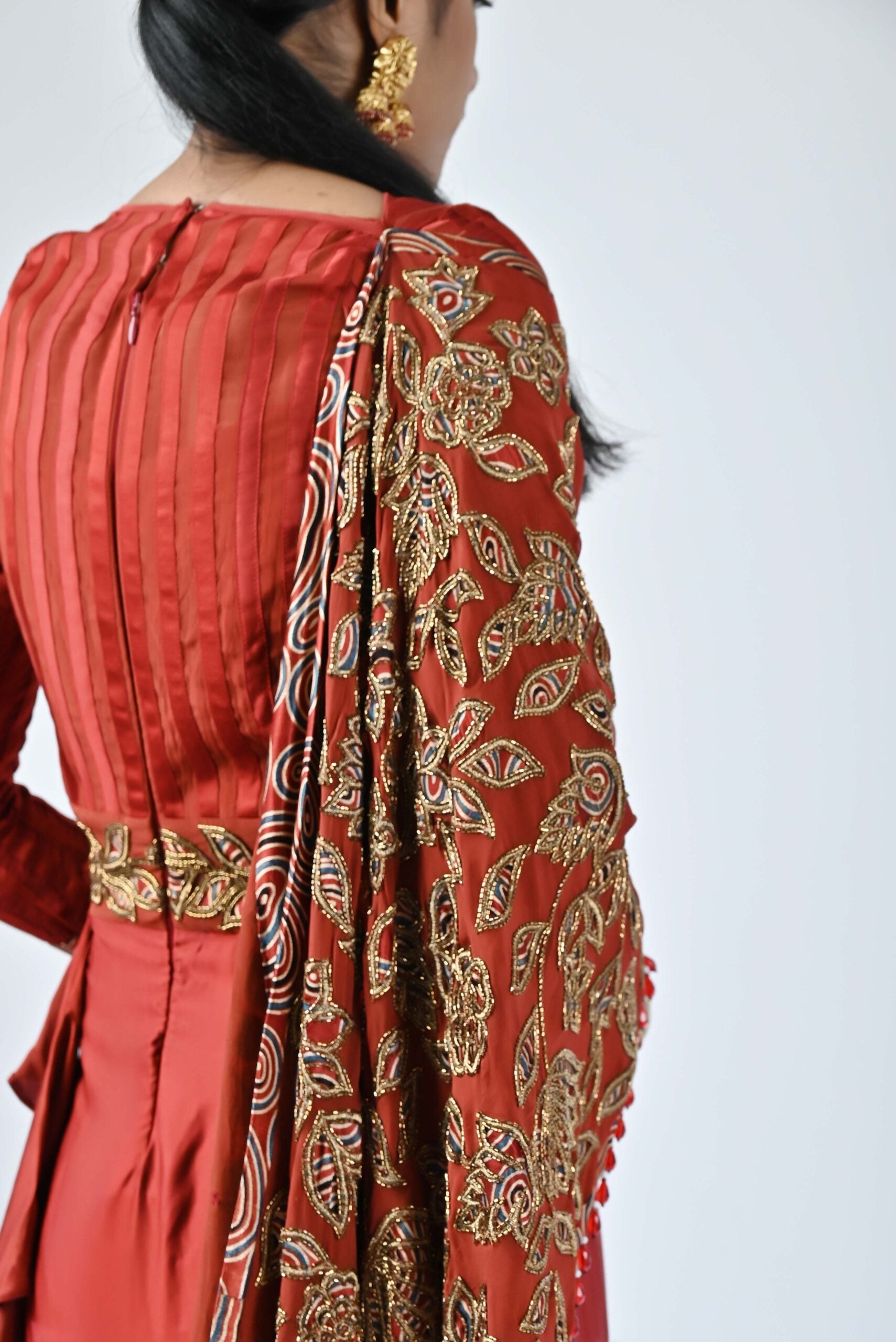 Red ajrakh patchworked gown saree