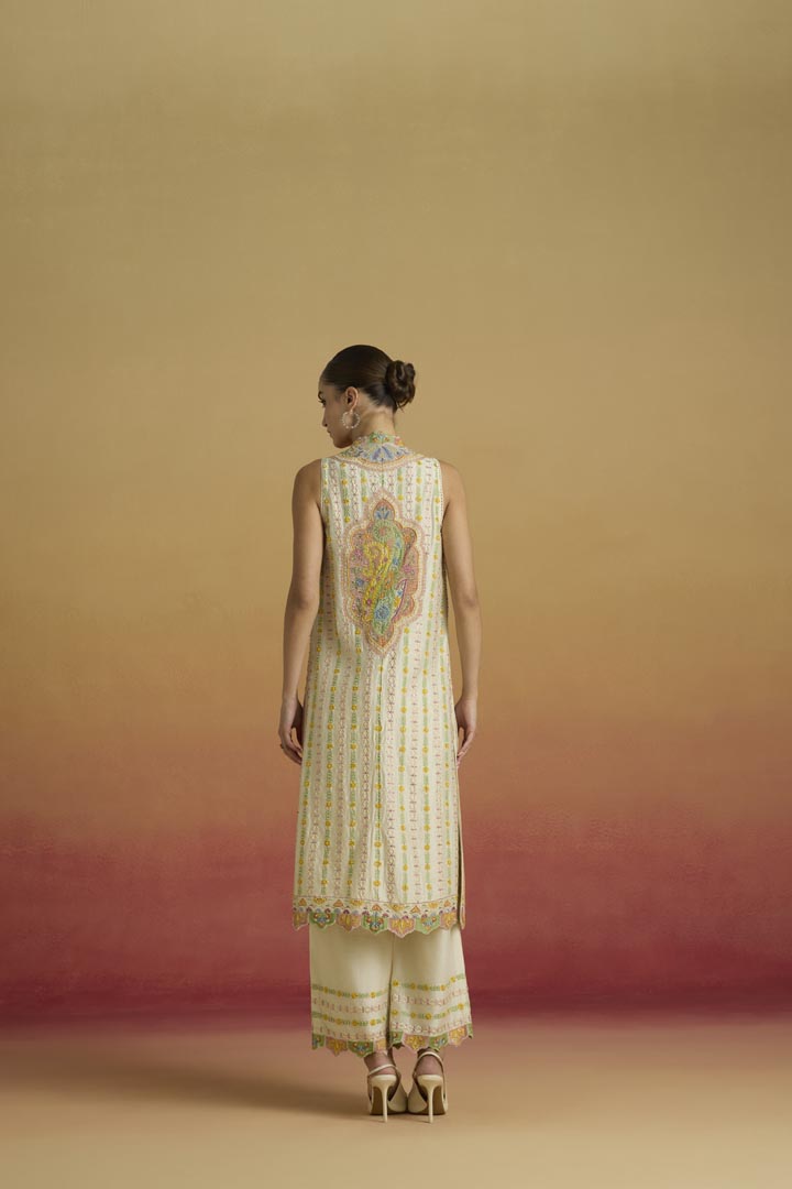 Ivory Chanderi Applique Striped Long Jacket for Occasion Wear