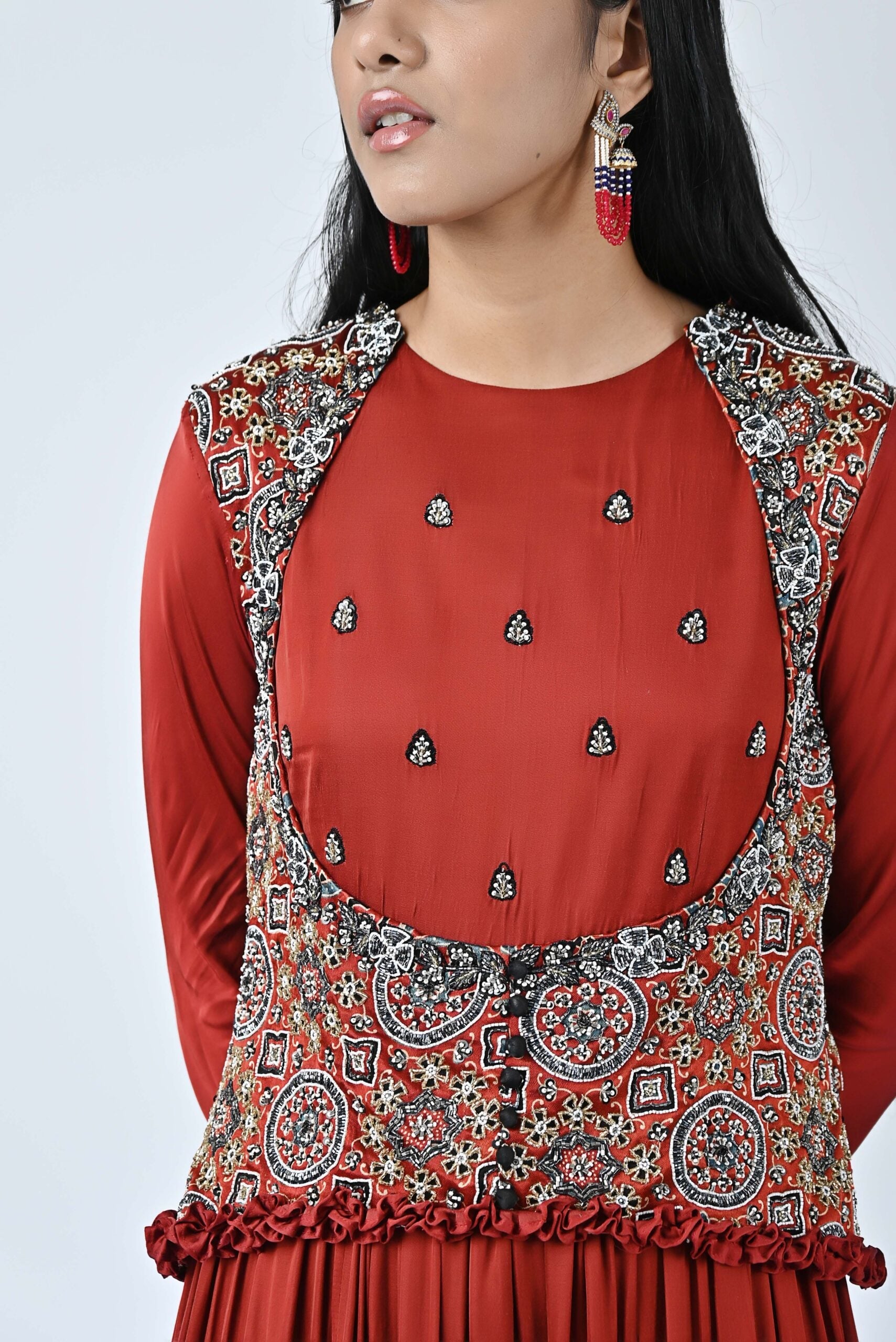 Red ajrakh embroidered tiered dress