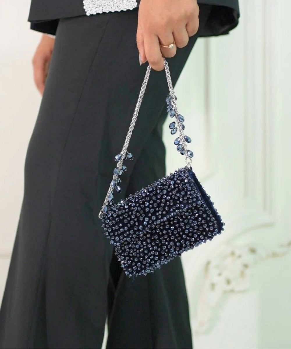 Kiyara Navy Blue Suede Crystal Embellished Mini Bag
