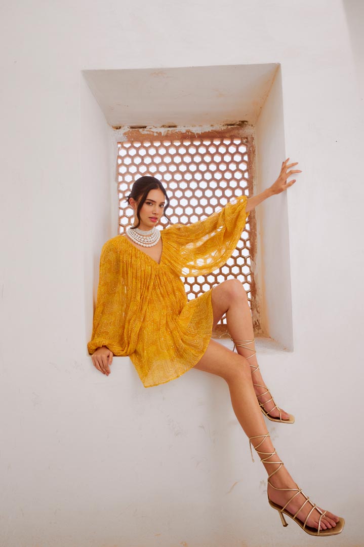 Image of Gulbahar Marigold Yellow jugnu mini dress