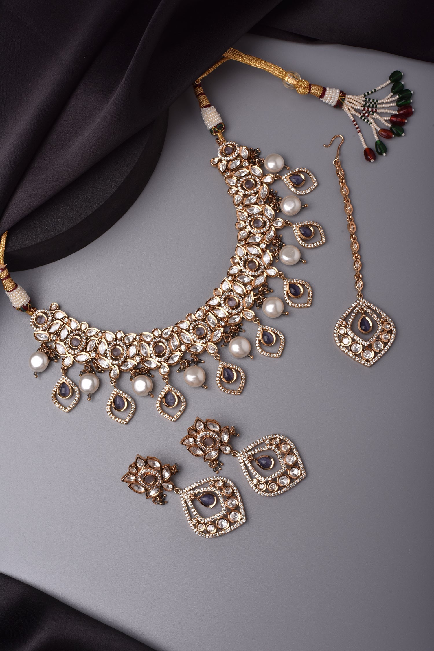 Grey Gold Tone Polki and Pearl Necklace Set