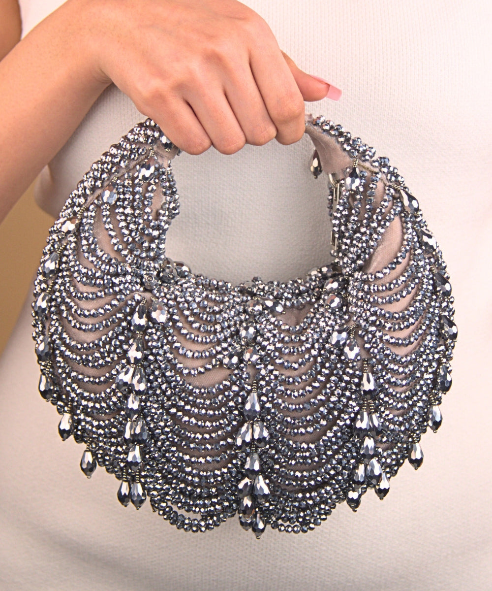 Liona Grey Suede Embellished Hobo Bag