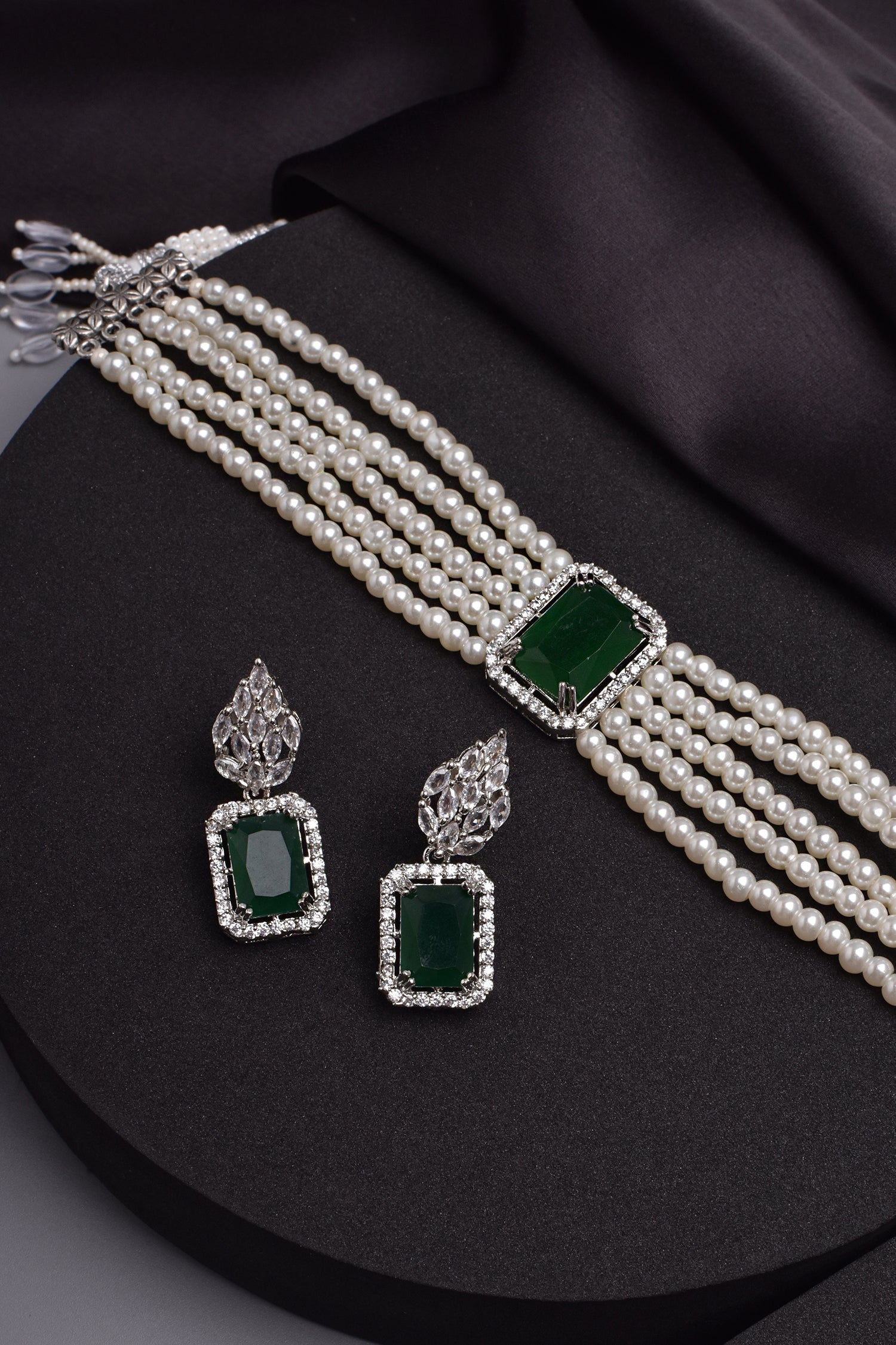 Green Silver Tone Emerald Choker Set