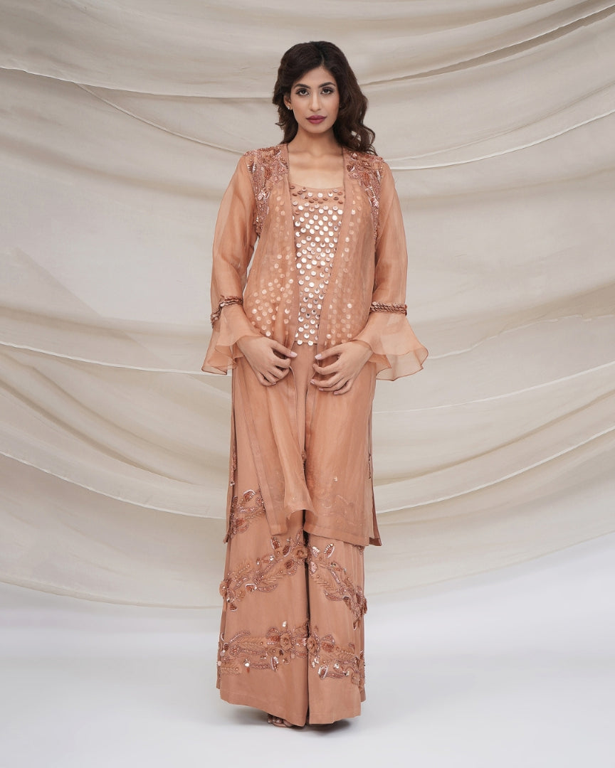 Bronze Sequin cami with jacket and flared trousers