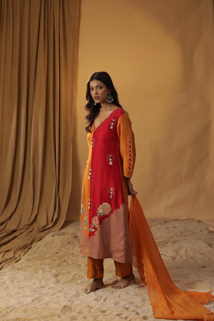 Image of ORANGE HANDPAINTED CHANDERI SILK SUIT SET