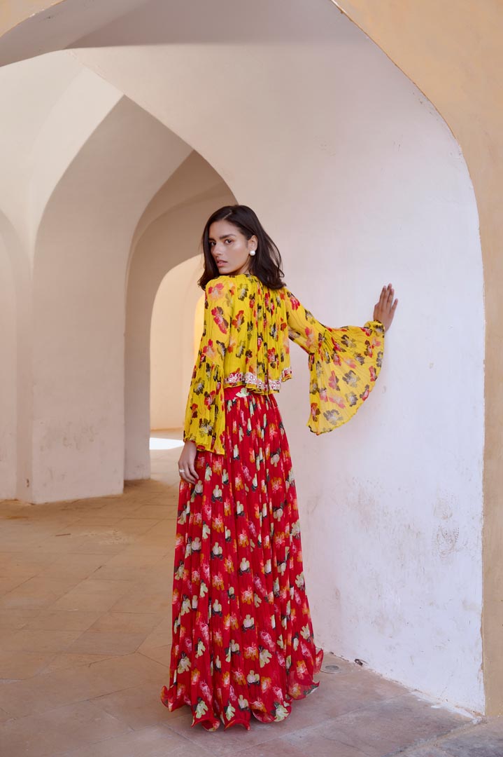 Image of Gulbahar Bumble bee boho top with chilly red chiffon skirt set.