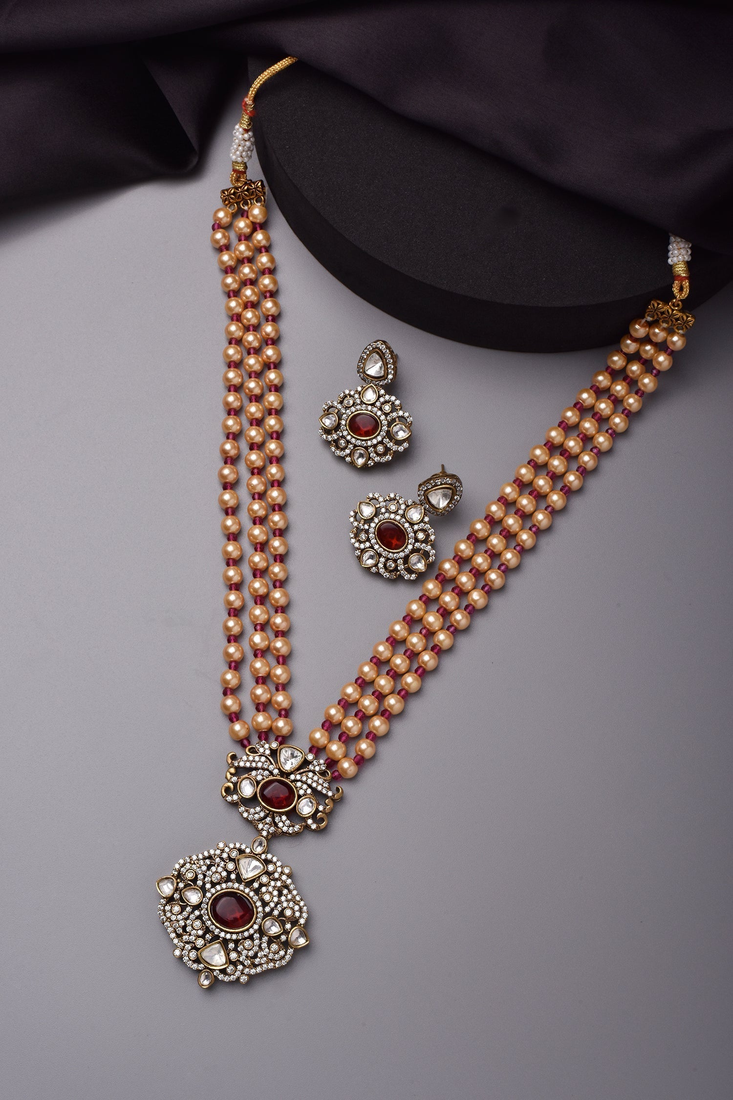 Red Victorian Polki Long Necklace Set