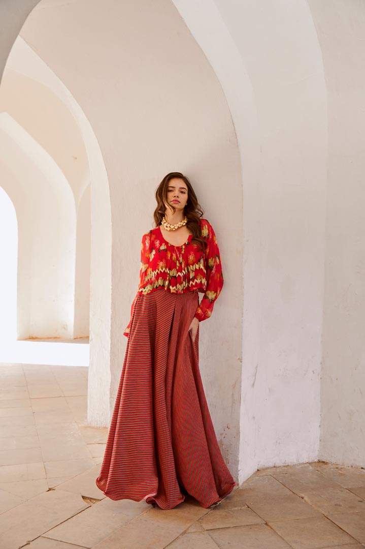 Image of Gulbahar Chilly  poppy boho top with stripe skirt and belt set