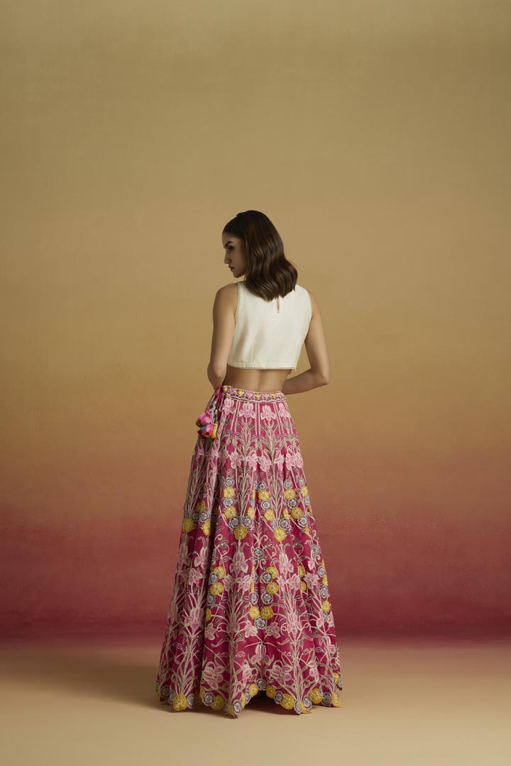 Hot Pink Contrast Threadwork Silk Organza Lehenga - Wedding Wear