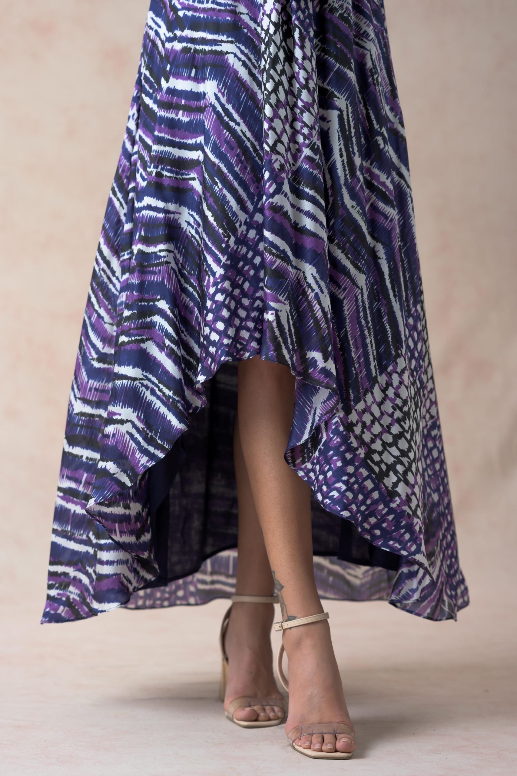 Abstract shades of purple with chevron weave halter neck bias dress with asymmetrical hemline