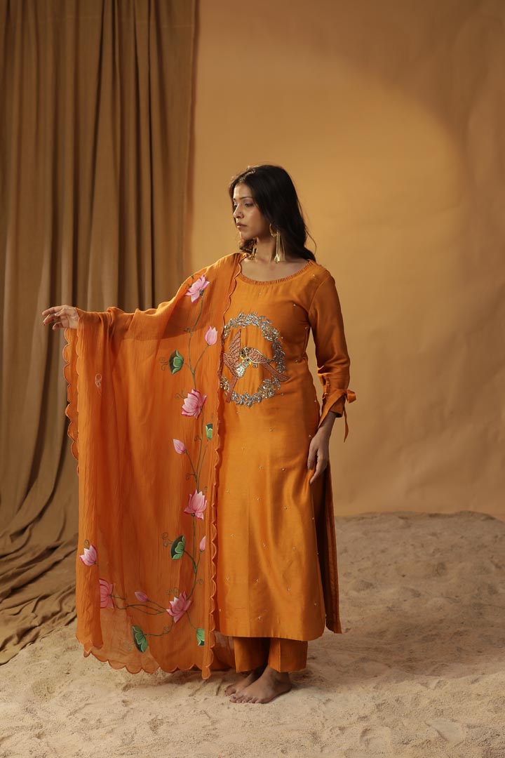 Image of RUST ORANGE BIRD EMBROIDERED SUIT SET