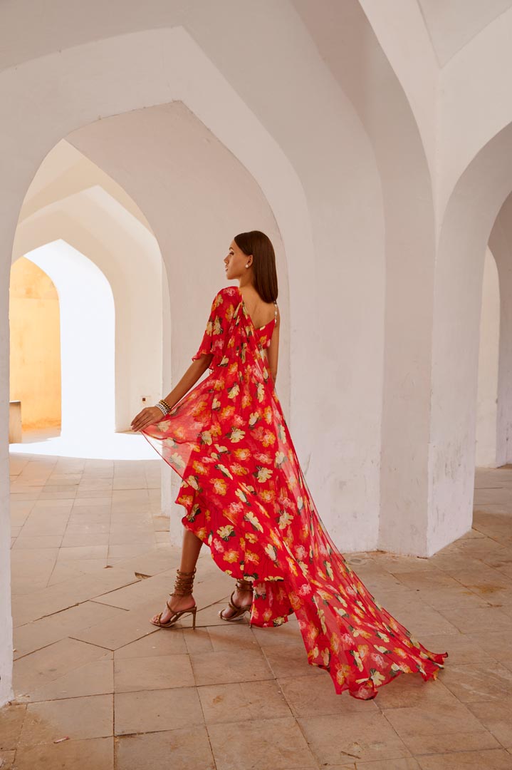 Image of Chilly red poppy  gul dress drape saree with belt