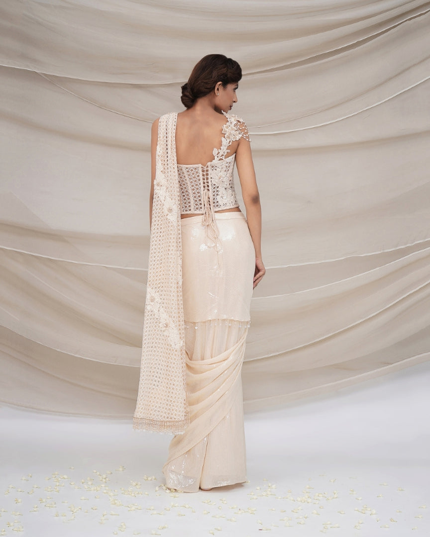 Mesh corset with drape sequin sari