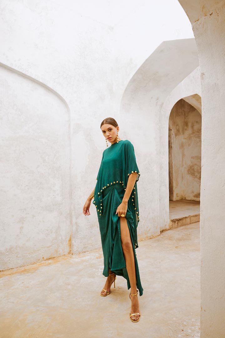 Image of Gulbahar Bottle green bell cape and drape skirt set