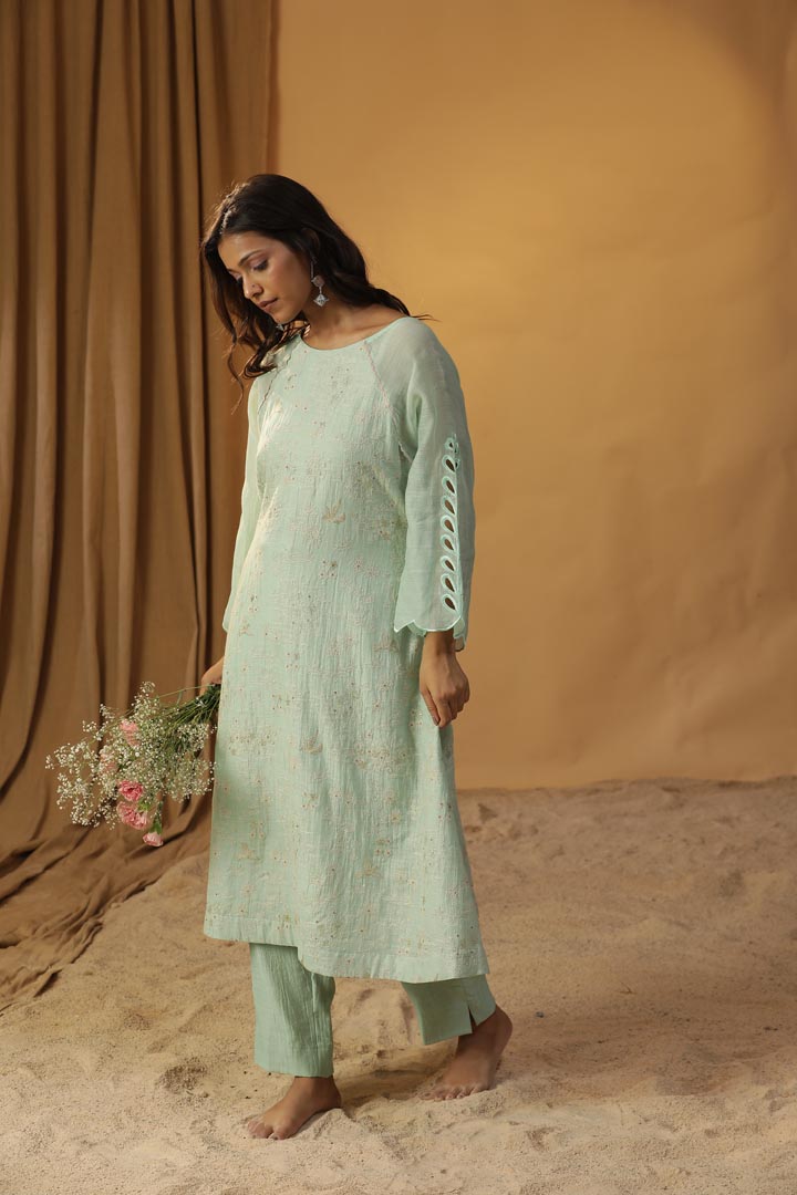 Image of SEA GREEN EMBROIDERED SUIT SET