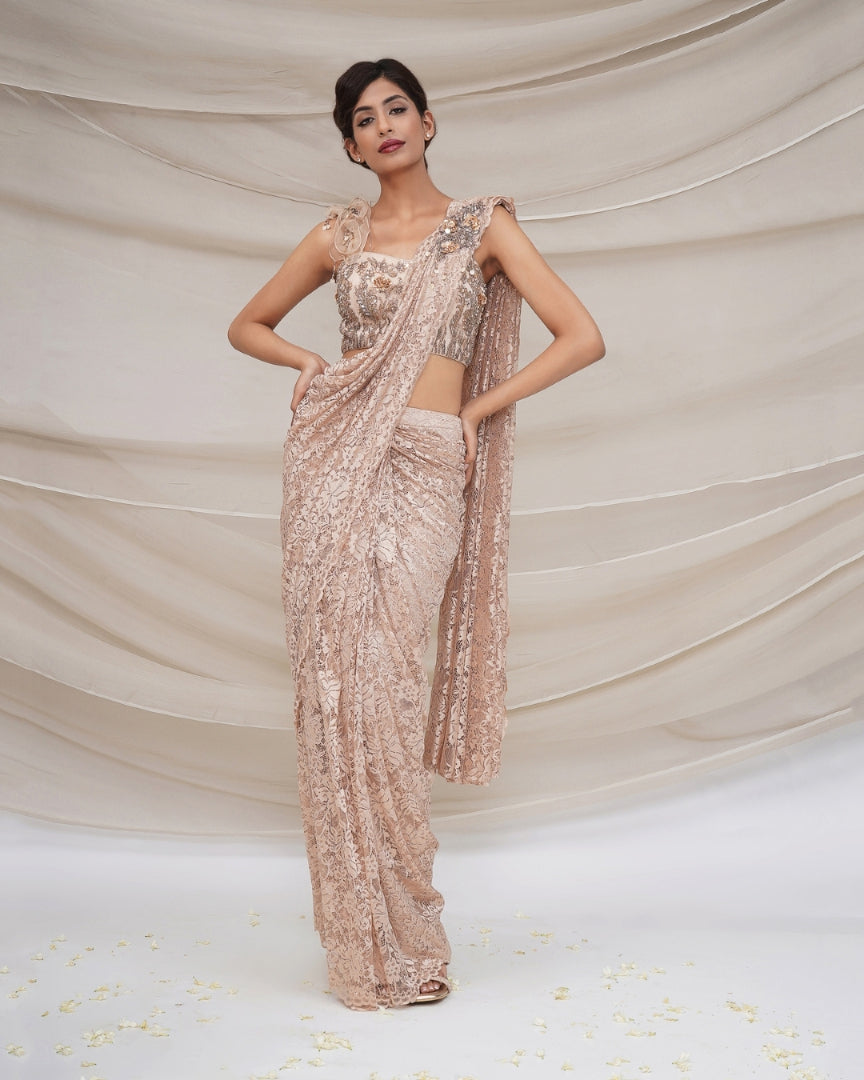 Champaign Gold Lace Pre Stiched Saree