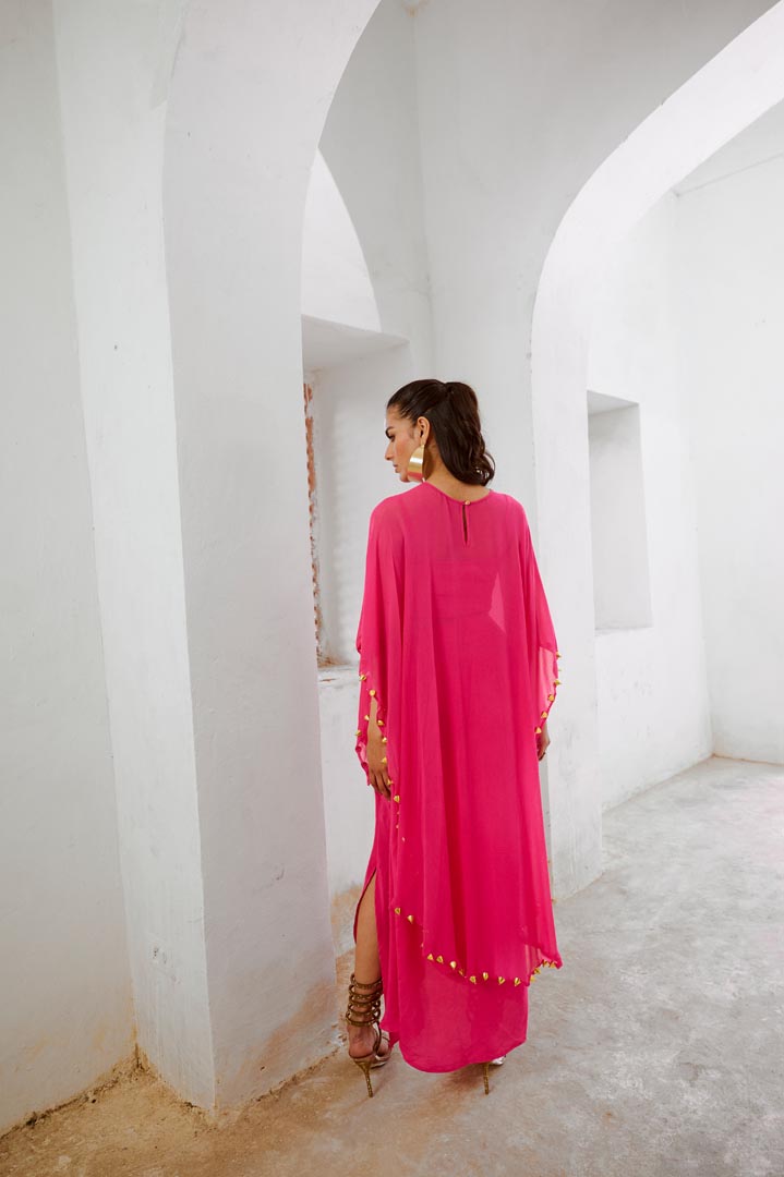 Image of Gulbahar Hot pink bell cape and drape skirt set