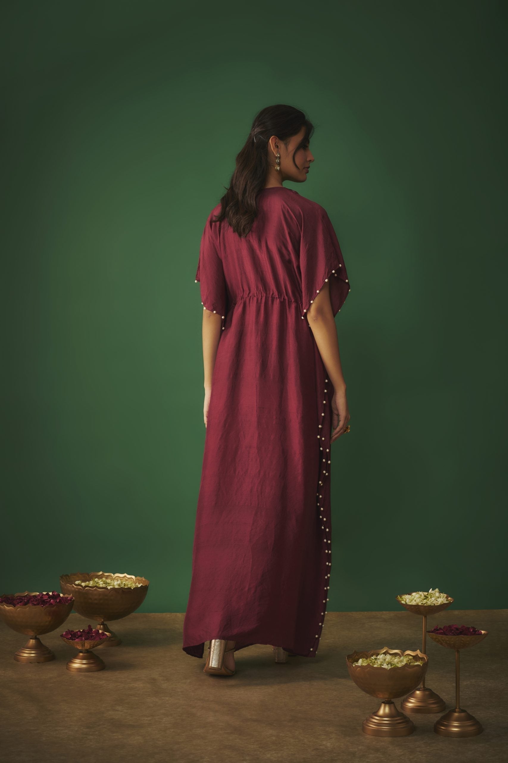 Image of DEEP RED KAFTAN WITH PEARLS