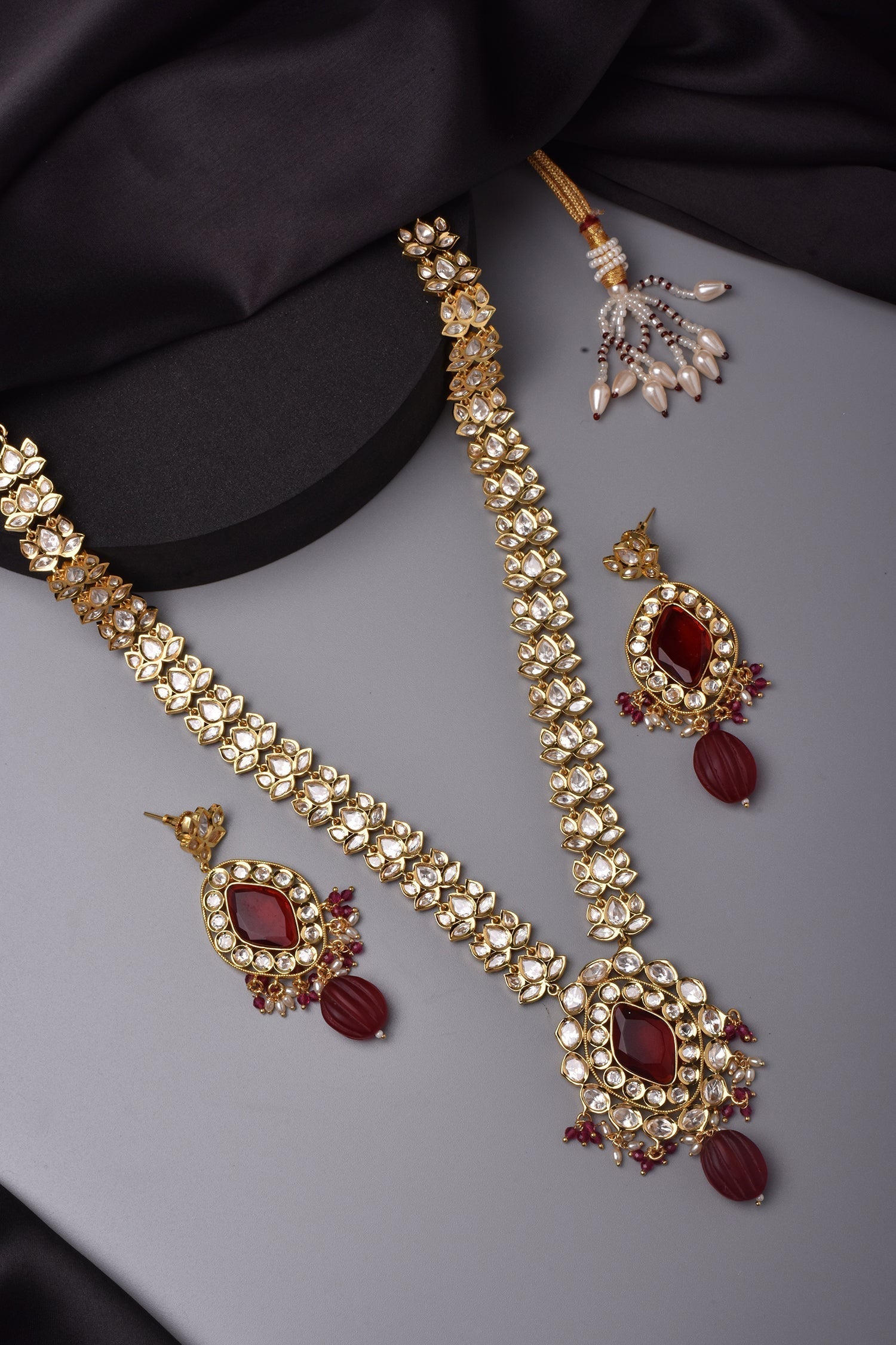 Red Gold Tone Polki Necklace Set