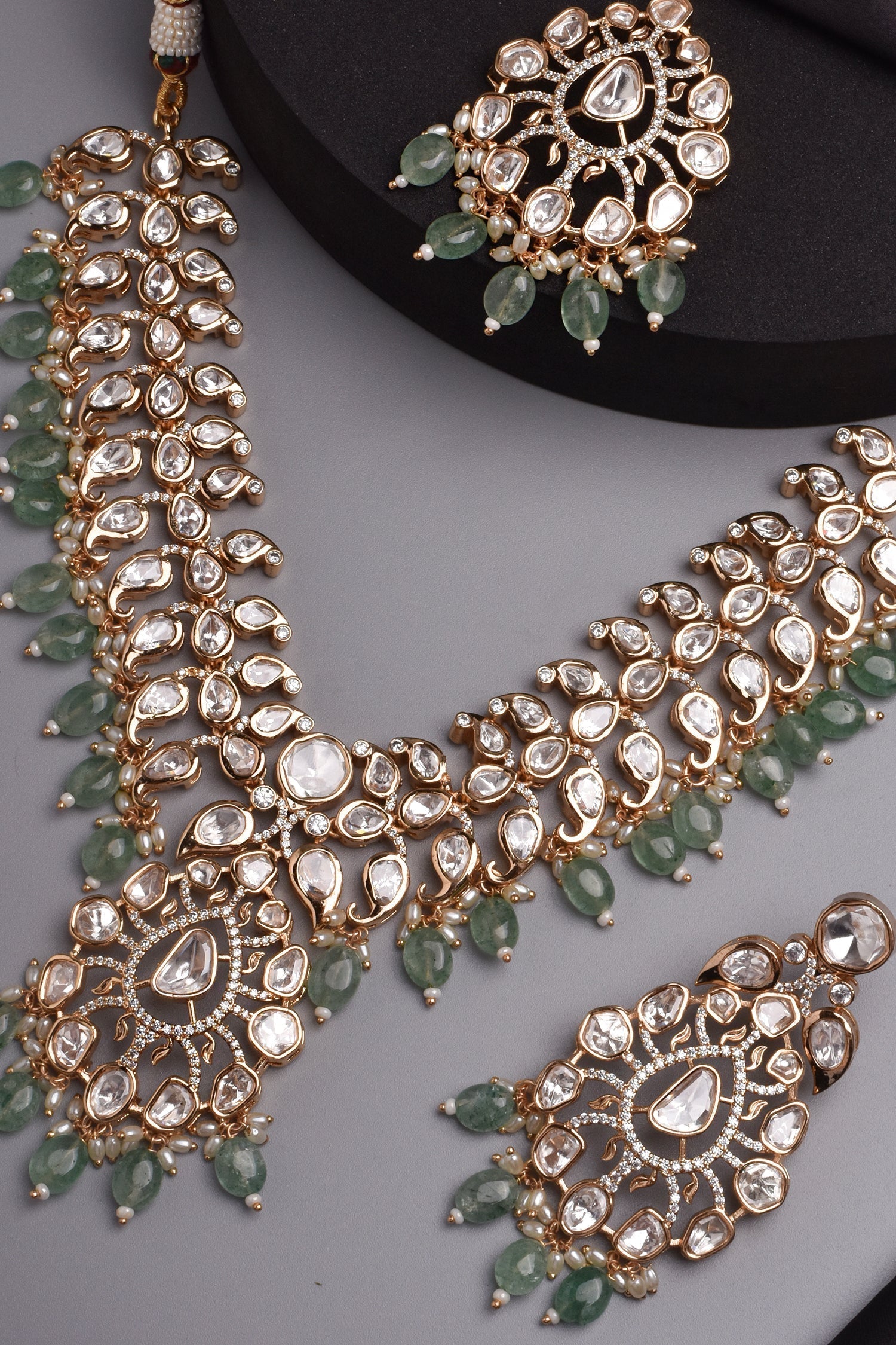 Green Rose Gold Tone Polki Necklace Set with Maang Tikka