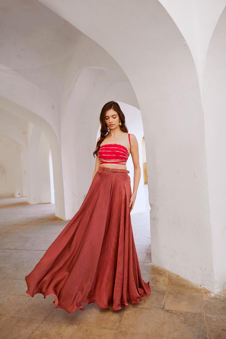 Image of Gulbahar Red Bandeau string top with stripe skirt and belt set