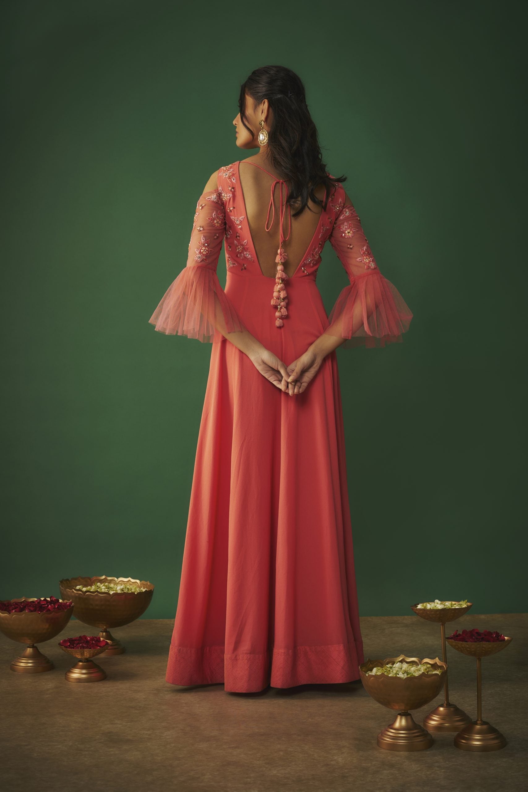 Image of CORAL PINK EMBROIDERED ANARKALI AND DUPATTA SET