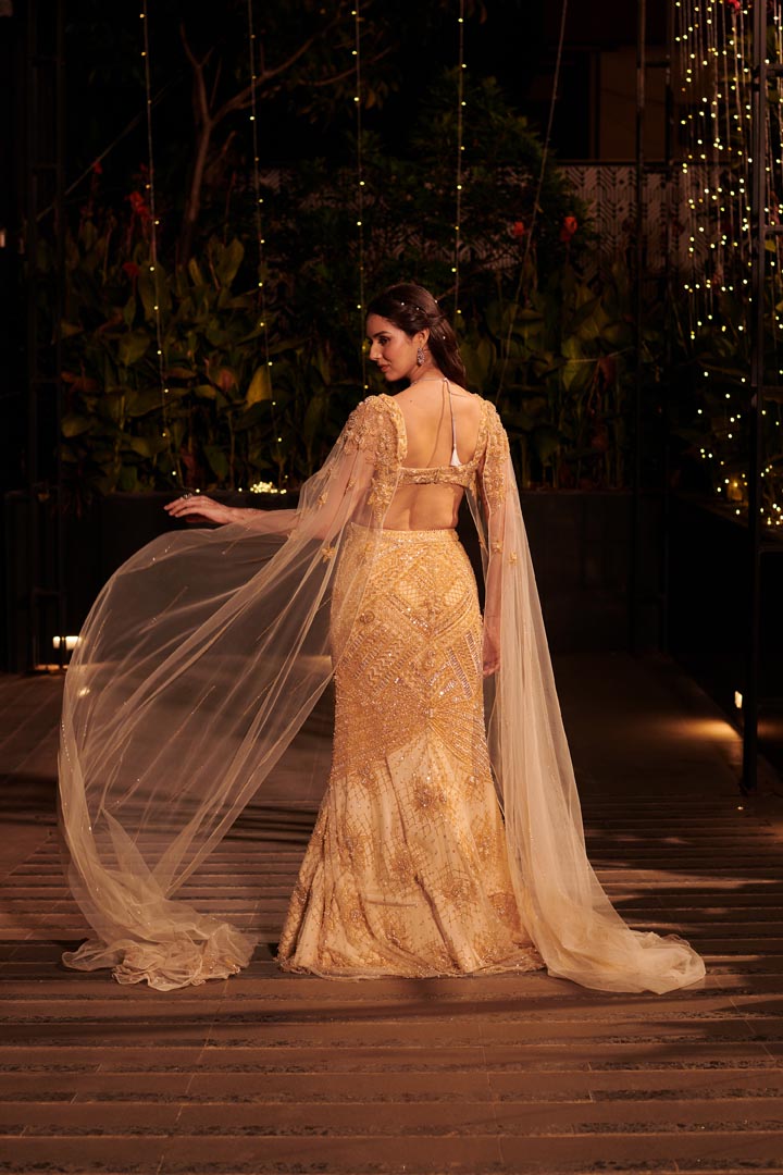 Champagne Shower Lehenga Set. 3 (Lehenga + Blouse + Cape)