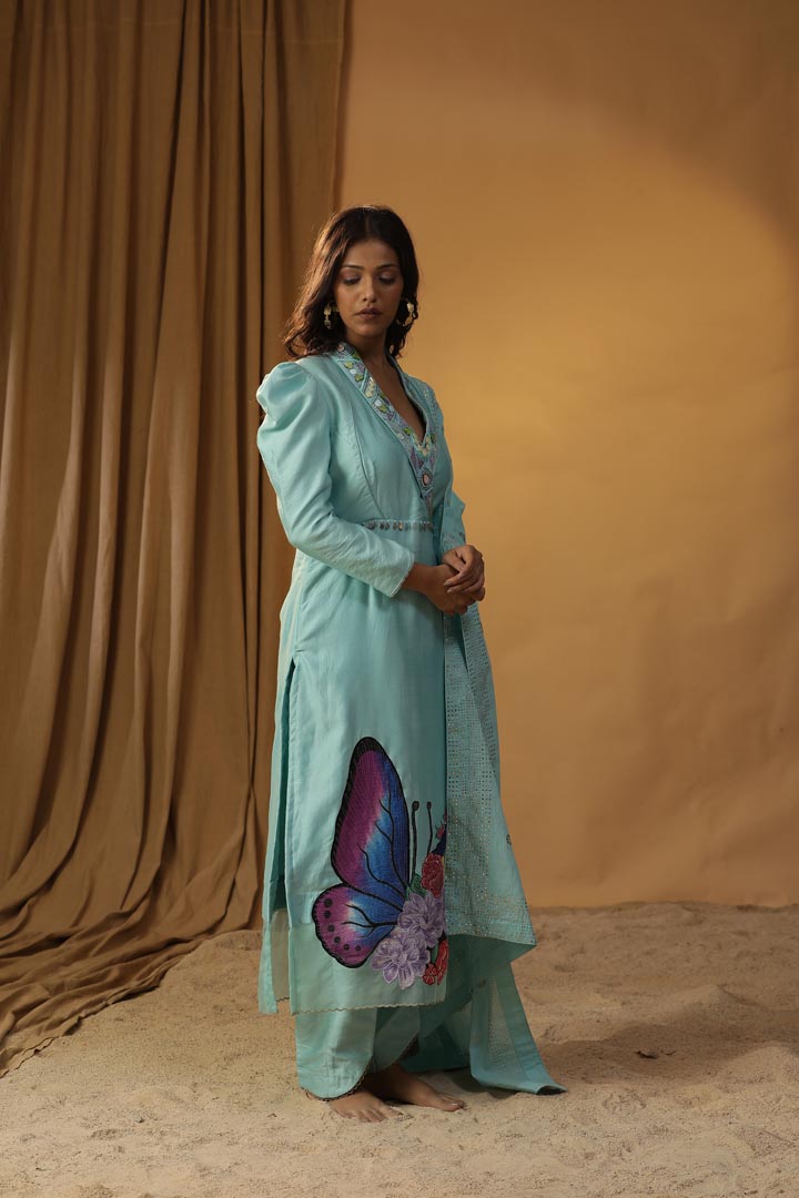 Image of SKY BLUE BUTTERFLY HANDPAINTED SUIT SET