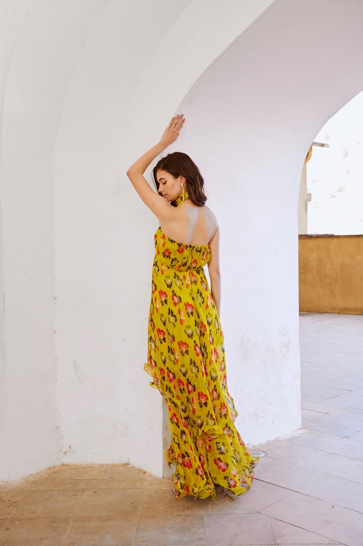 Image of Gulbahar Bumble bee green halter maxi with seperate bow  set.