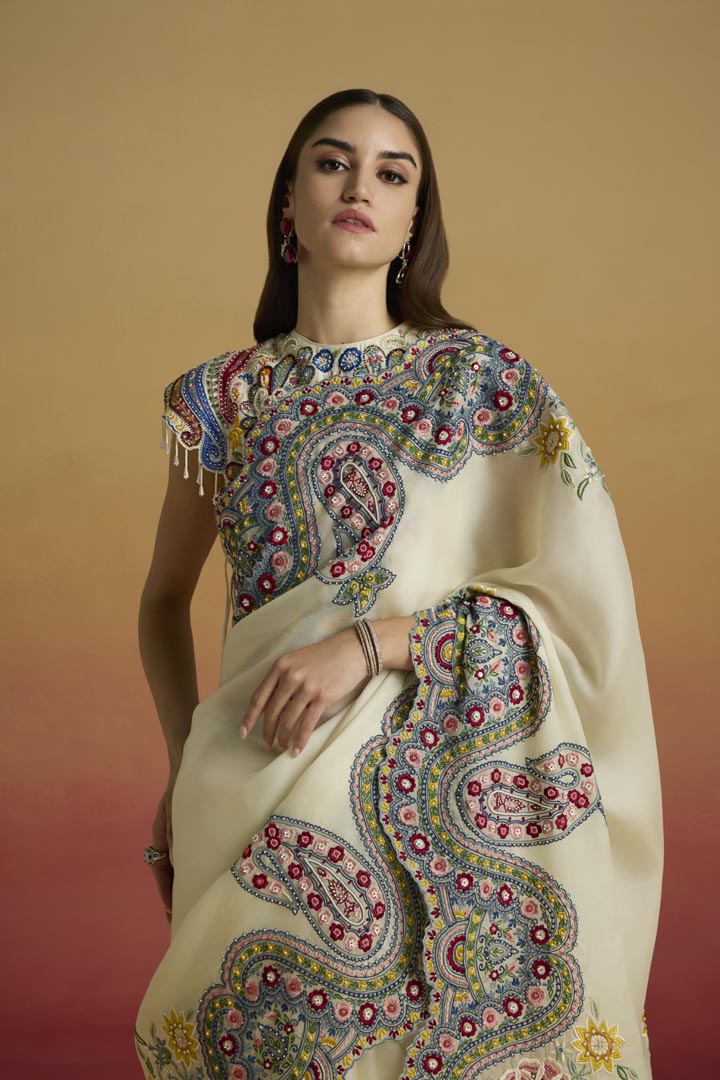 Ivory Chanderi Applique Embellished Yoke Top - Designer Ethnic Wear