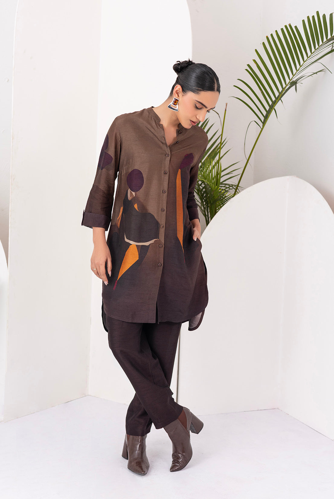 Shades Of Brown Viscose Dupion Printed Shirt Style Tunic (1 PC)