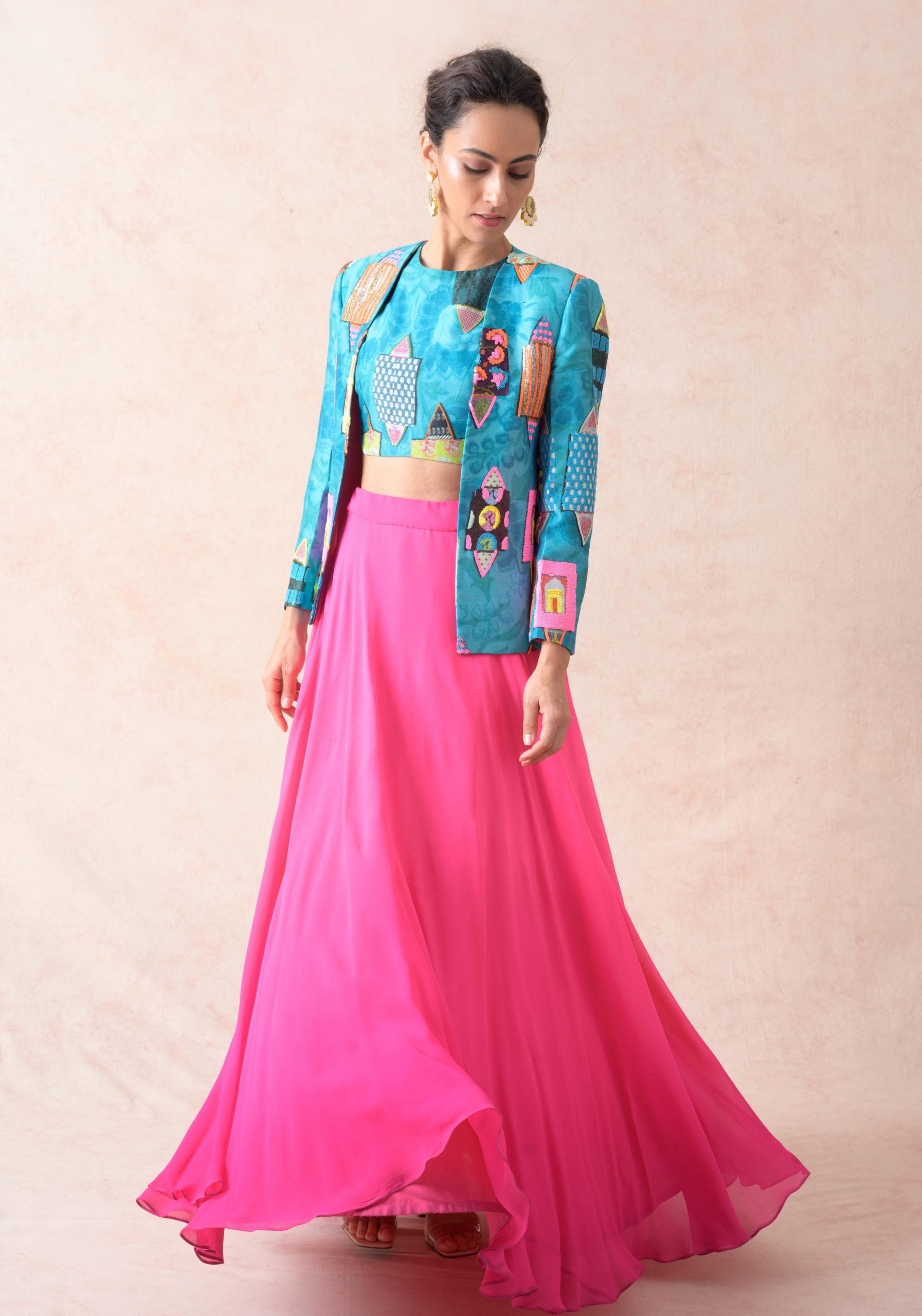 Hand embroidered Ayra chanderi silk jacket with blouse and ombre lehenga