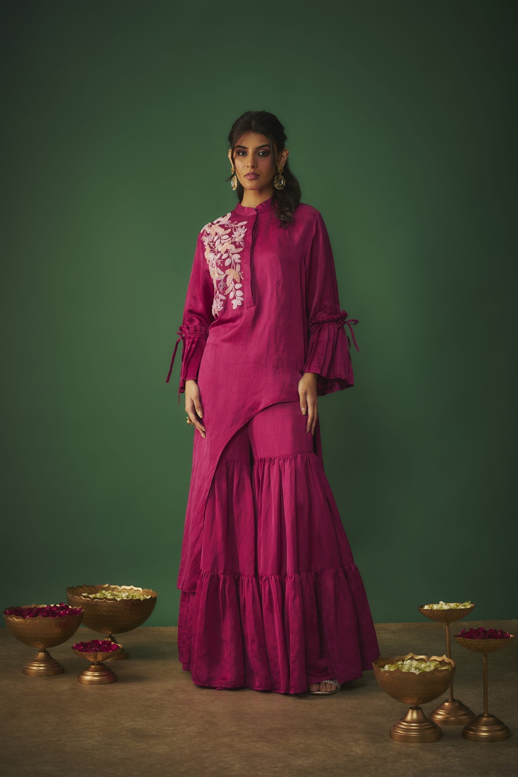 Image of MAGENTA PINK EMBROIDERED ASYMMETRICAL KURTA AND SHARARA SET