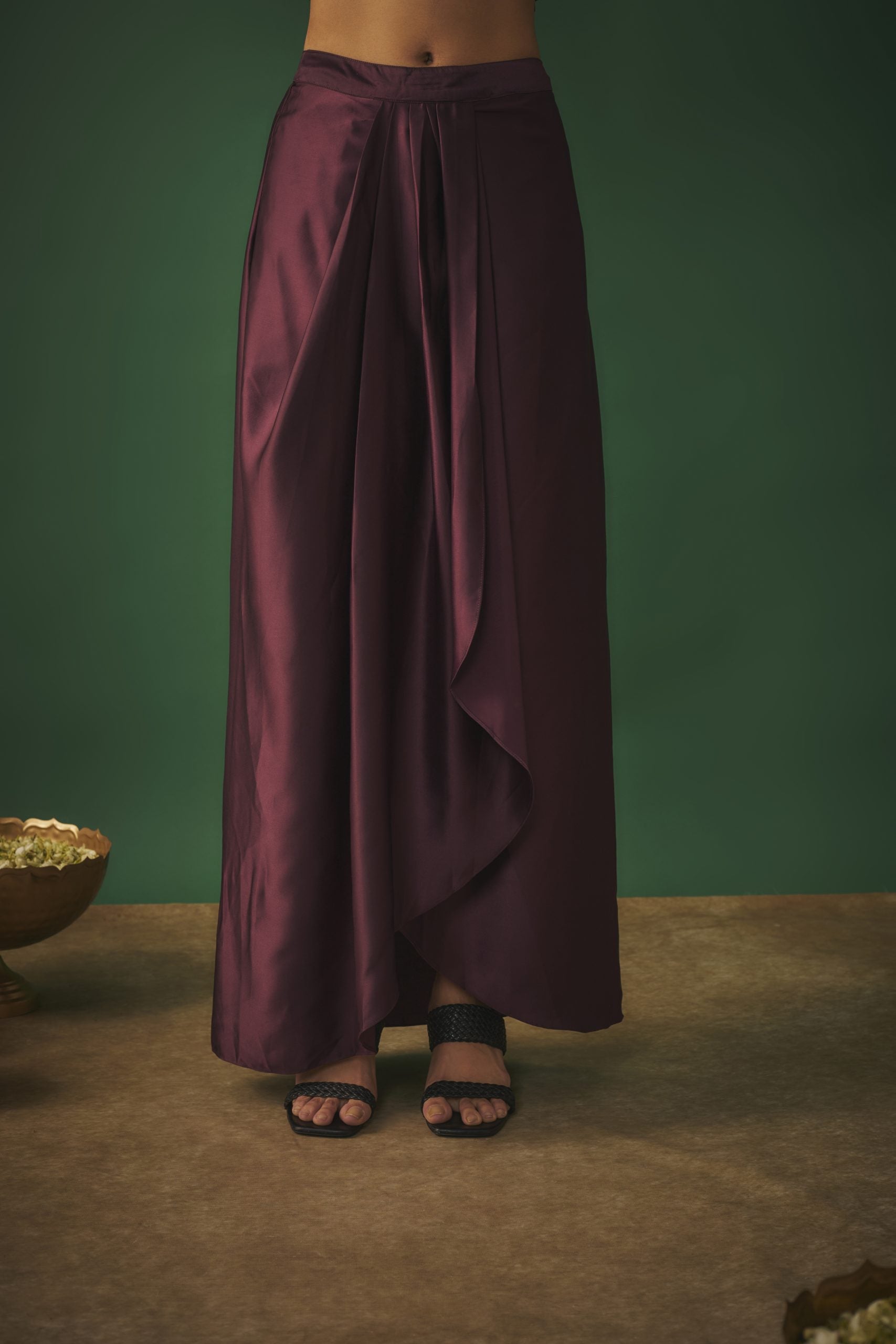 Image of WINE MIRROR EMBROIDERED CHOLI, DHOTI SKIRT AND CROP JACKET SET