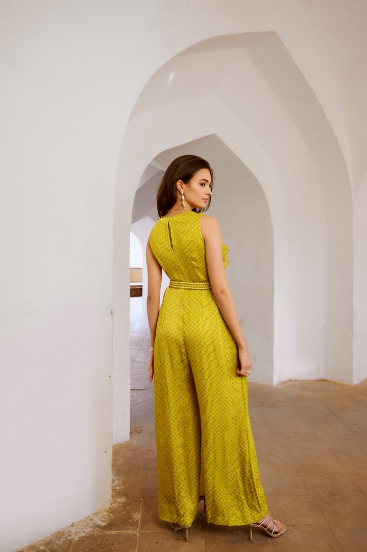 Image of Gulbahar Lemon Green cowl jumpsuit with belt