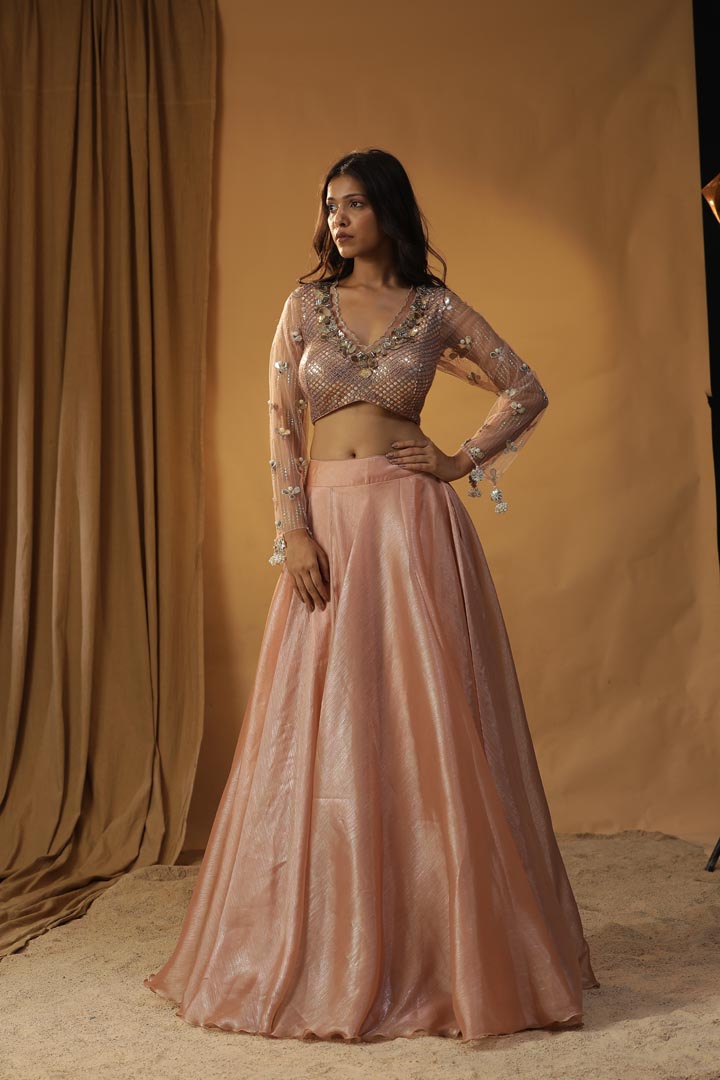 Image of PEACH ORGANZA LEHENGA SET